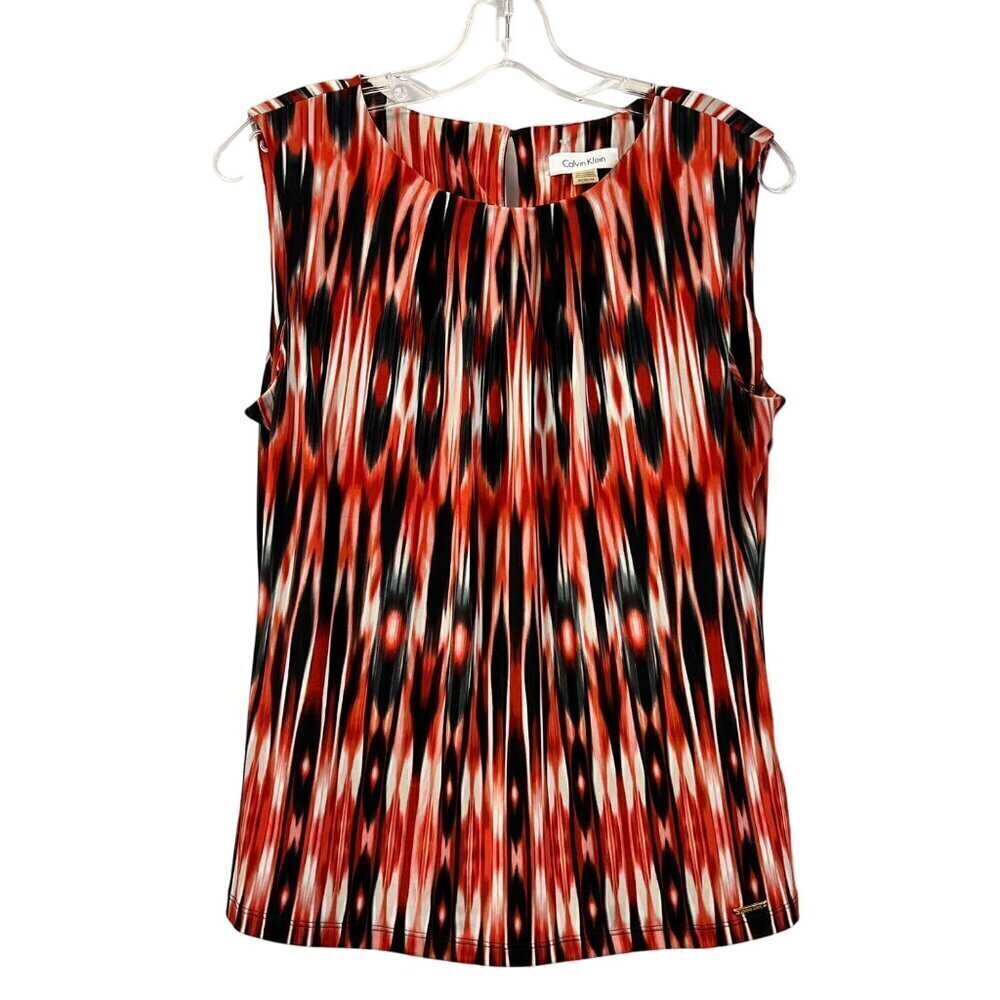 Calvin Klein Sleeveless Pleated Round Neck Top Orange/Multi Size Medium